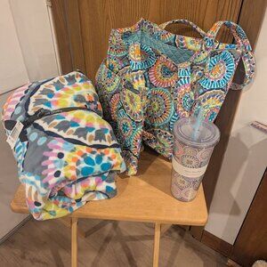 Vera Bradley Sunny Medallion Bundle-Tote, Travel Tumbler, Fleece Throw- NWT